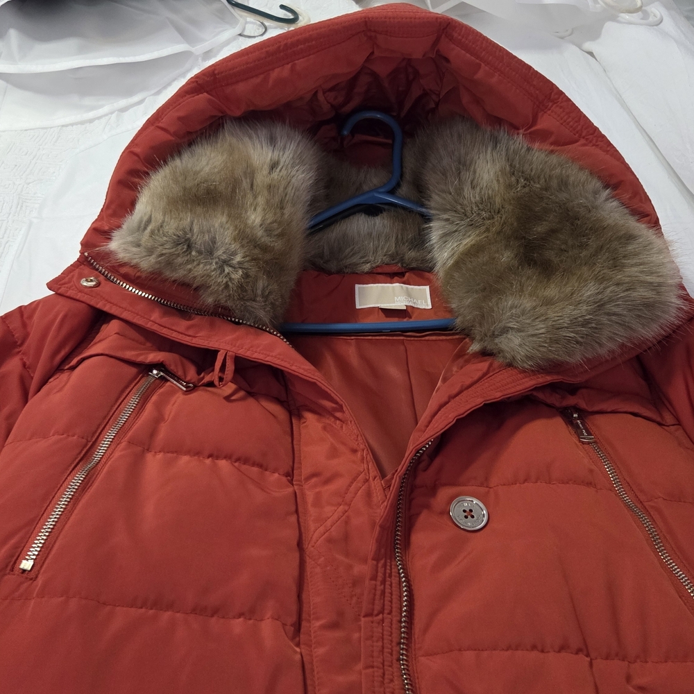 Orange Hooded Puffer Jacket with Faux Fur Trim - Michael Kors New
